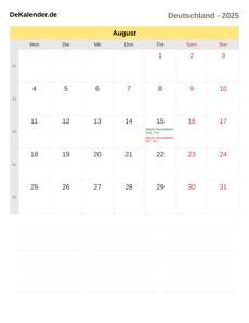 Kalender 2025 August