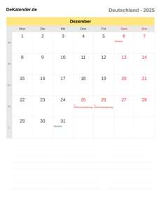 Kalender 2025 Dezember
