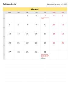 Kalender 2025 Oktober