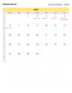 Kalender 2026 April