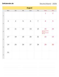 Kalender 2026 August
