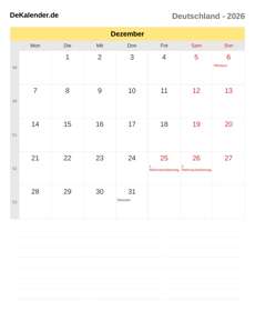 Kalender 2026 Dezember