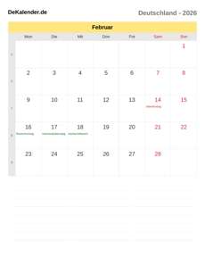 Kalender 2026 Februar