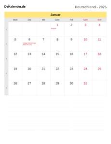 Kalender 2026 Januar