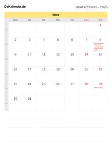 Kalender 2026 März