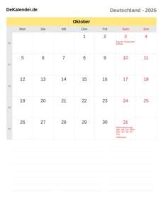 Kalender 2026 Oktober