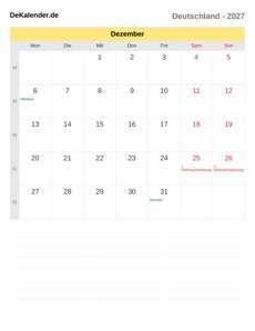 Kalender 2027 Dezember