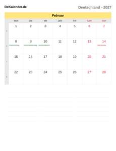Kalender 2027 Februar