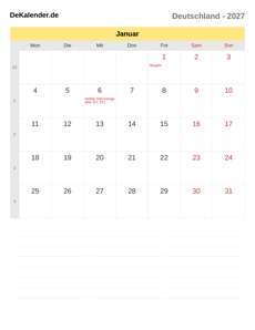 Kalender 2027 Januar