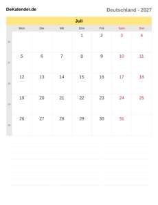 Kalender 2027 Juli