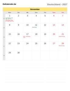 Kalender 2027 November
