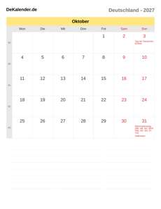 Kalender 2027 Oktober