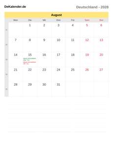 Kalender 2028 August