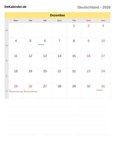 Kalender 2028 Dezember