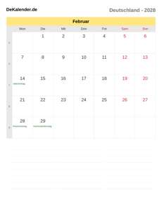 Kalender 2028 Februar