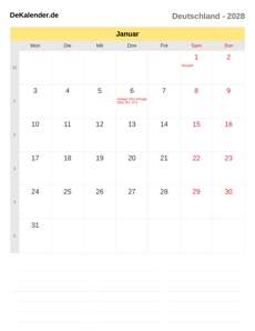 Kalender 2028 Januar
