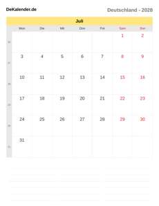 Kalender 2028 Juli