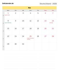 Kalender 2028 Mai