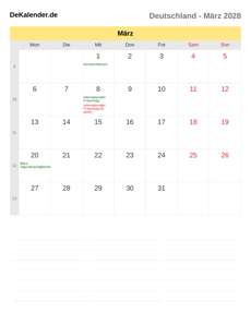 Kalender 2028 März