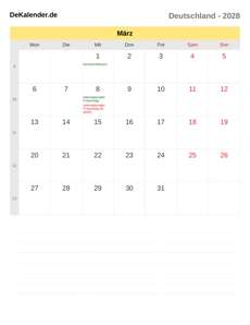 Kalender 2028 März