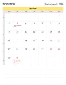 Kalender 2028 Oktober