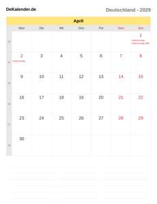 Kalender 2029 April