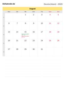 Kalender 2029 August