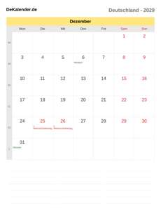 Kalender 2029 Dezember