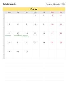Kalender 2029 Februar