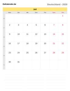 Kalender 2029 Juli