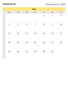 Kalender 2029 Juni