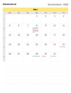 Kalender 2029 März