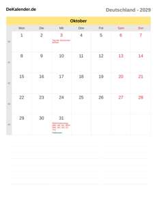 Kalender 2029 Oktober
